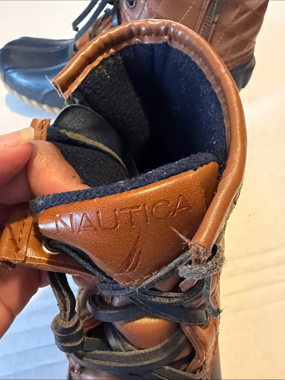 Nautica Brown Leather and Navy Rubber Duck Boots , size 7